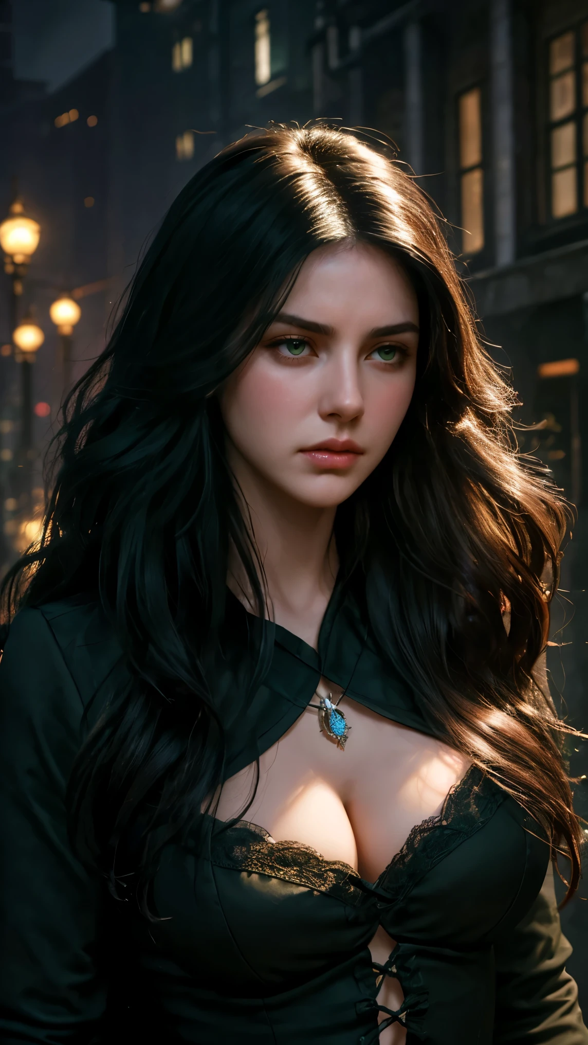 Mulher bonita que lembra Yennefer de The Witcher com longos cabelos pretos e olhos violetas brilhantes, obra prima, ultra qualidade, 8k, cabelos caindo sobre seus ombros, in the background a cemetery, She's wearing a tank top.