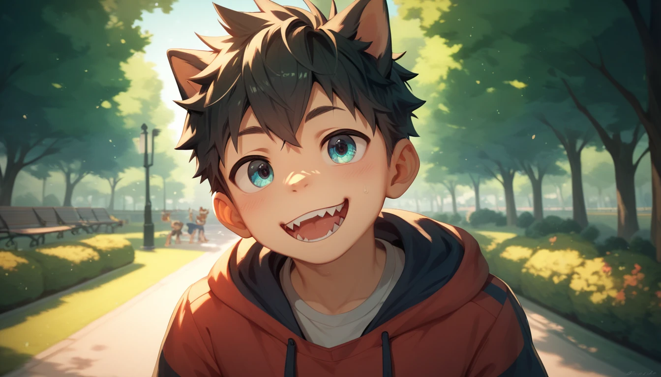 a handsome cute little young boy 10yr and a young boy 17yr,messy short hair,from front,walk in park, showing off his very sharp and large canine teeth,fullbody,hd,4k,8k,dynamics lighting,perfect lighting