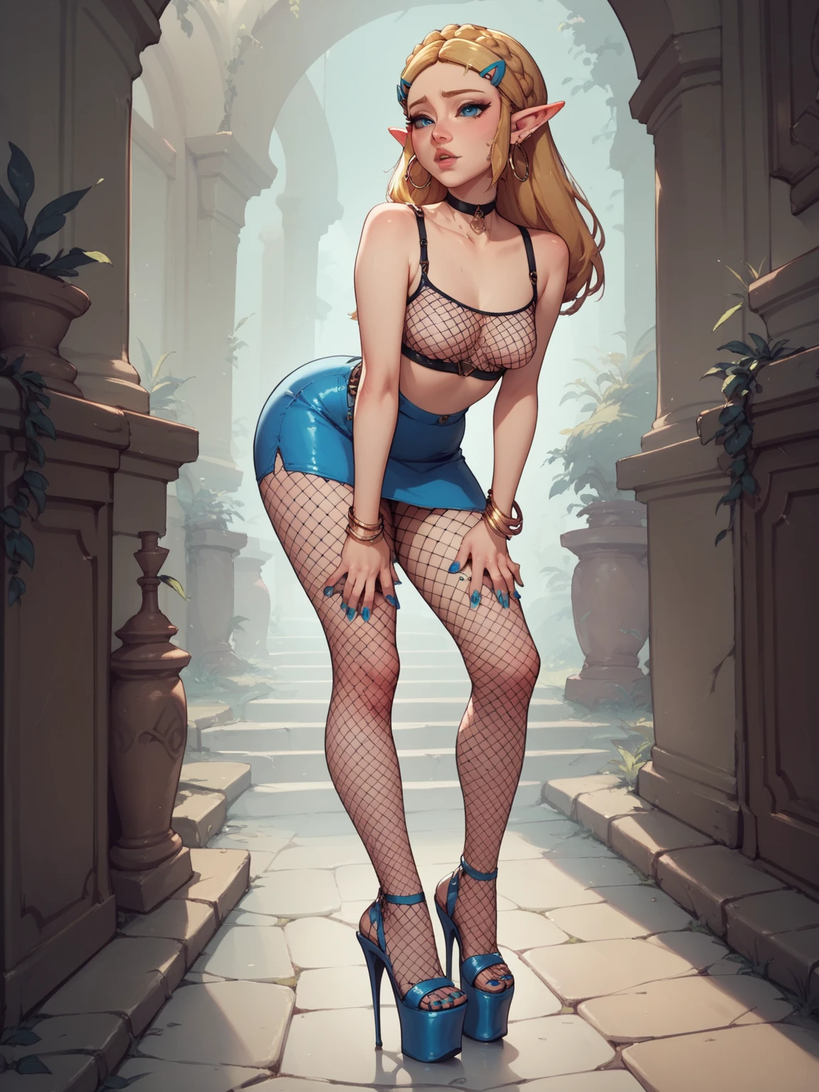 ((Seductive slender feral dragoness in a corset)), ((red corset, bra, upskirt, stocklings, choker)) A girl, feral, scaly body, in full height, scaled skin, long hair, membranous ears with piercing, small head, long neck, long slim legs, tail, Sly seductive look, ((studio lighting, photography)),