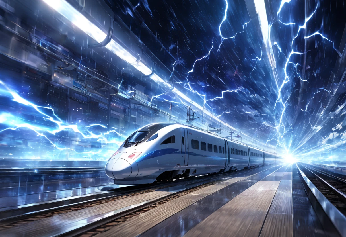 A train that transcends time and space ,  Run on rails formed by Particle Light(( motion blur:2.0 , Blue Lightning Effects :1.5 ,  Blue Particle Light Filter Effects :1.5 , backgroundぼかし)) , background:A warped world of space-time  , Dark blue bullet train 