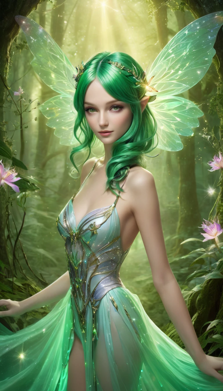 (((  surrenders ))) photograph,( super detailed face),((light)),A whimsical and enchanting depiction of a pixie with delicate wings resembling those of a swallowtail butterfly, shimmering in seven radiant colors that shift and blend like a living rainbow. The pixie’s flowing emerald-green hair cascades down her back in soft waves, sparkling as if infused with tiny gemstones. Her petite frame is adorned with an outfit made of ethereal, translucent fabric that glows faintly in the light, complementing her magical presence. She hovers gracefully in the air, surrounded by a soft aura of luminescent energy, her vibrant wings fluttering gently. The scene is set in a mystical forest with glowing flowers and sparkling streams, amplifying the sense of wonder and magic surrounding the pixie