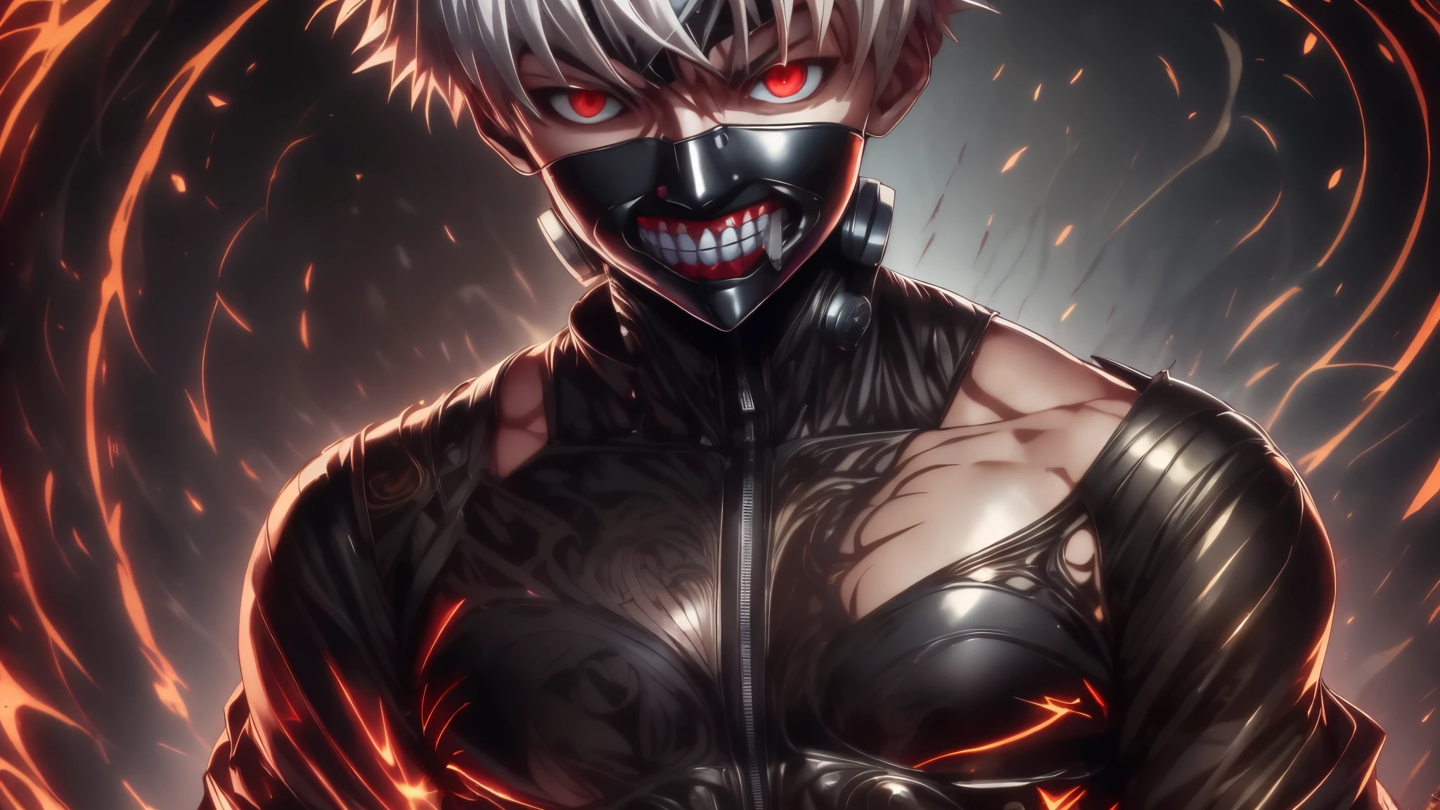 "cool 20 year old kaneki ken is a true masterpiece with masculine beauty, perfect anatomy. Olpntng style, colorful rainbow, wearing a black leather jacket, mask revealing a very menacing smile , clean design, epic Instagram, artstation, full of paint splashes, circles, outlines When you look at his beautiful Eyes you will clearly see every little detail and perfect line, every detail The details on the skin are beautiful in 8K quality. Be fascinated by the confidence radiating from every look. His head has white hair and his face is drawn meticulously in every detail in 8K image quality."