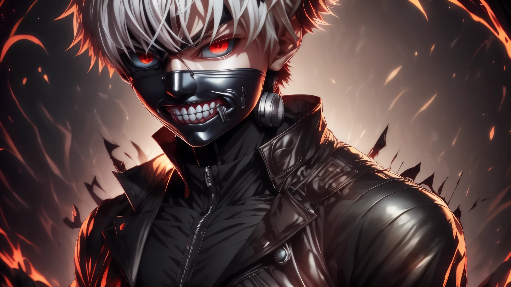 "cool 20 year old kaneki ken is a true masterpiece with masculine beauty, perfect anatomy. Olpntng style, colorful rainbow, wearing a black leather jacket, mask revealing a very menacing smile , clean design, epic Instagram, artstation, full of paint splashes, circles, outlines When you look at his beautiful Eyes you will clearly see every little detail and perfect line, every detail The details on the skin are beautiful in 8K quality. Be fascinated by the confidence radiating from every look. His head has white hair and his face is drawn meticulously in every detail in 8K image quality."