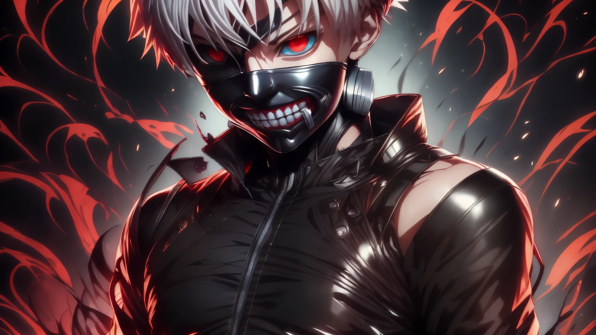 "cool 20 year old kaneki ken is a true masterpiece with masculine beauty, perfect anatomy. Olpntng style, colorful rainbow, wearing a black leather jacket, mask revealing a very menacing smile , clean design, epic Instagram, artstation, full of paint splashes, circles, outlines When you look at his beautiful Eyes you will clearly see every little detail and perfect line, every detail The details on the skin are beautiful in 8K quality. Be fascinated by the confidence radiating from every look. His head has white hair and his face is drawn meticulously in every detail in 8K image quality."