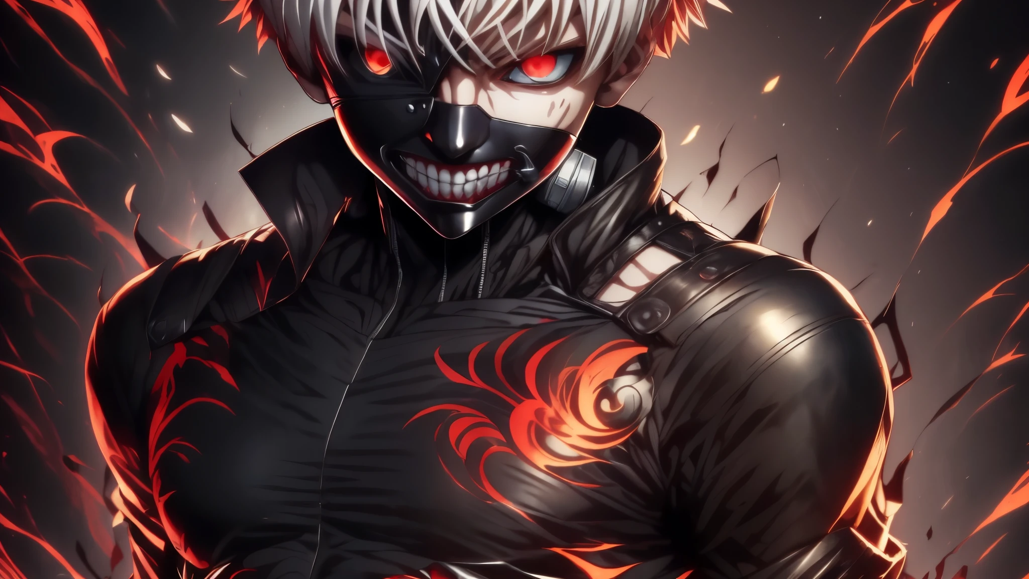 "cool 20 year old kaneki ken is a true masterpiece with masculine beauty, perfect anatomy. Olpntng style, colorful rainbow, wearing a black leather jacket, mask revealing a very menacing smile , clean design, epic Instagram, artstation, full of paint splashes, circles, outlines When you look at his beautiful Eyes you will clearly see every little detail and perfect line, every detail The details on the skin are beautiful in 8K quality. Be fascinated by the confidence radiating from every look. His head has white hair and his face is drawn meticulously in every detail in 8K image quality."