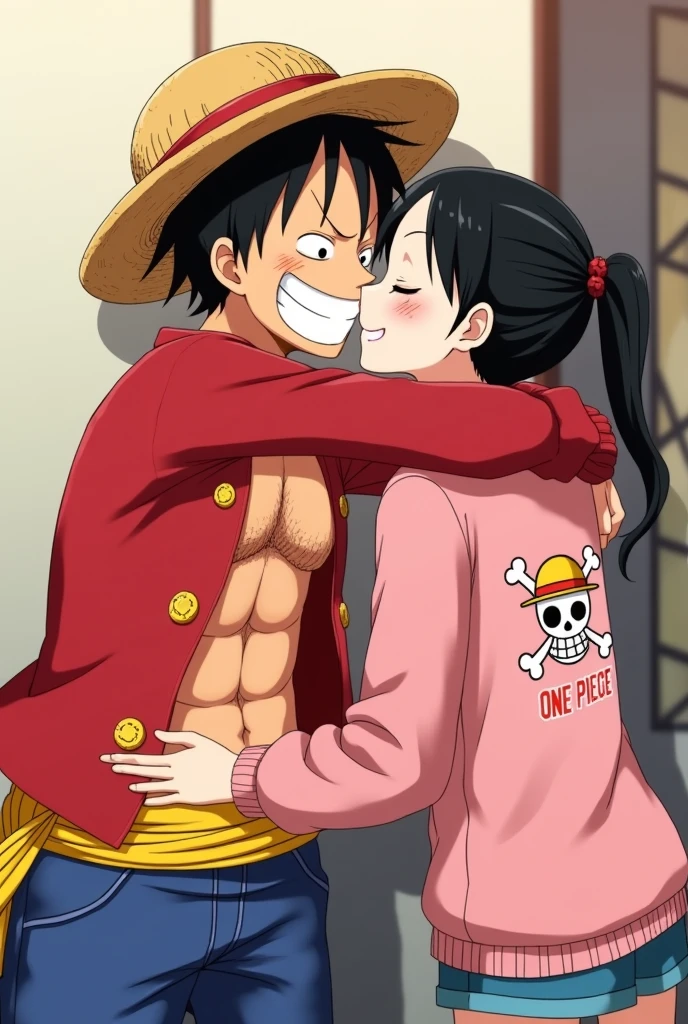 Perfect face,One piece,monkey D luffy,rule 63,genderswap,ass,fair skin, black eyes, and short, messy black hair. She has a scar under his left eye,big ass,luffy,1girl,big ass