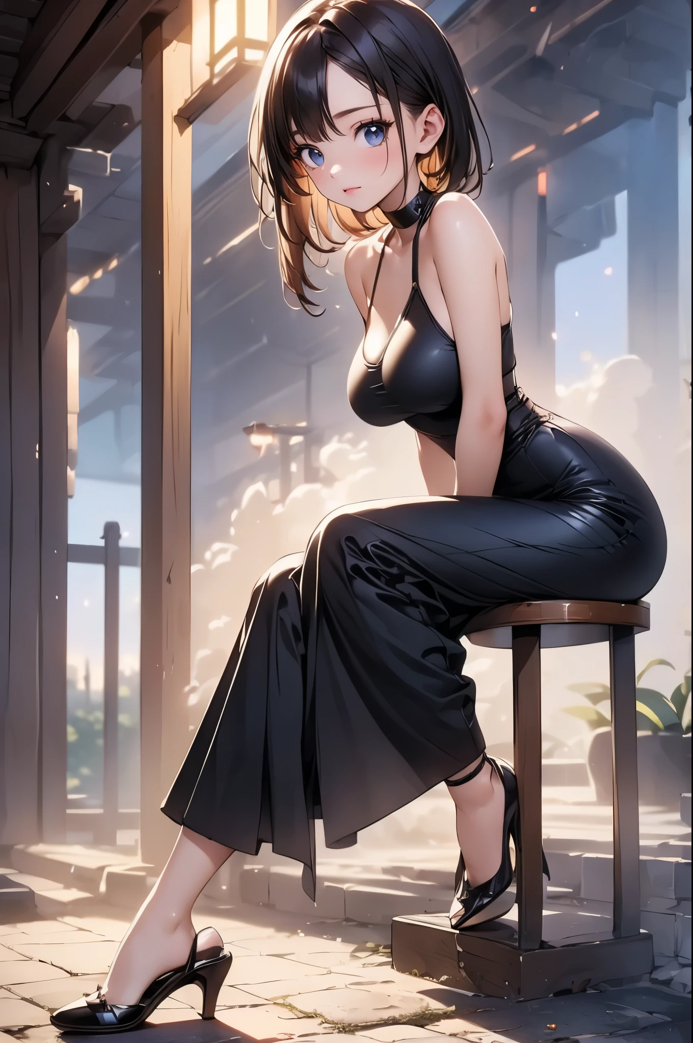((Best Picture Quality, 8k, tmasterpiece:1.3)), 1girl, Beautiful woman with slender abs:1.3, (Casual hairstyle, No leakage of big breasts:1.2), shift dresses:1.1, Ultra-fine face, A detailed eye, 二重まぶた,ssmile,Home high heels royal sister --auto