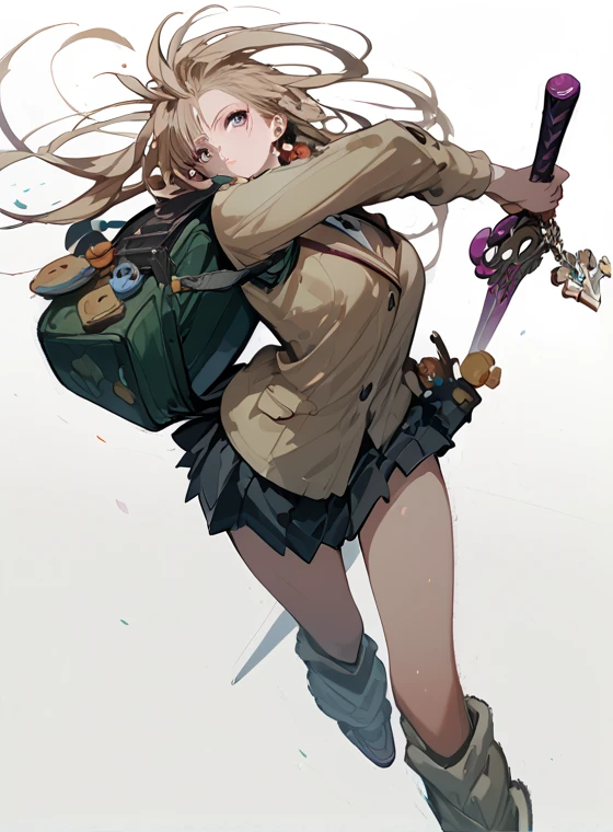  anime girl holding a sword and backpack,    female action anime girl ,  digital art , high school girl concept art, Art Style ,  detailed anime character art , Key Art Feminine 