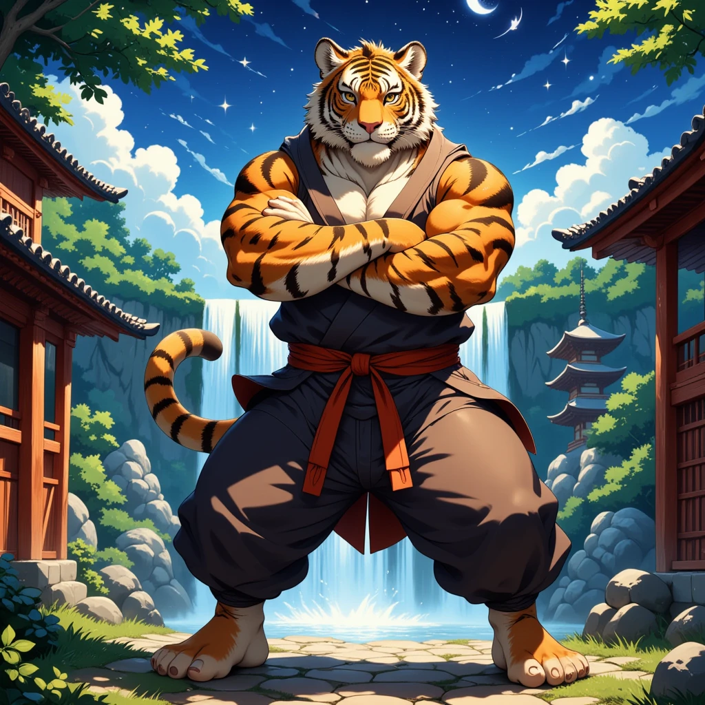 character focus, full body, looking away, dynamic angle, ninja, a muscular middle-aged tiger man, full body in Michelangelo Buonarroti style, housamo style, digital illustration anime, character focus, full body, looking away, dynamic angle, BREAK ninja costume clothes, ninja suits, standing, crossing one's arms, dynamic pose, detailed painting landscape, starry sky, kyoto, waterfall, outdoor, full color, HDR, BREAK complete anatomy, perfect proportions, beautiful thigh gap, fluffy body, intricate fur details, beautiful fur texture, BREAK a detailed tiger 1tail, detailed toe, 5toes, 5toes nails, beautiful foot, detailed hands, 5fingers, 5fingers nails, BREAK aesthetic anime face, insanity detailed face, male face, big face, square jawline, aesthetic anime eyes, detailed brown eyes, detailed brown cornea, detailed dark brown irises, detailed pupils, male eyes, big eyes, male eyebrows, innocent look, beautiful beard, BREAK masterpiece, official art, best quality, very aesthetic, absurdres, super fine illustration, great quality, BREAK noise reduction, very highres, large filesize, high quality, 32K, 8k wallpaper, dynamic lighting, BREAK insanity detailed, ultra detailed, intricate details, extremely detailed, detailed texture, an extremely delicate and beautiful, BREAK e621 illustration, osukemo, kemohomo, anthropomorphic, furry, cartoon, harmonious body, pastoral face, virtuous eyes, epic atmosphere