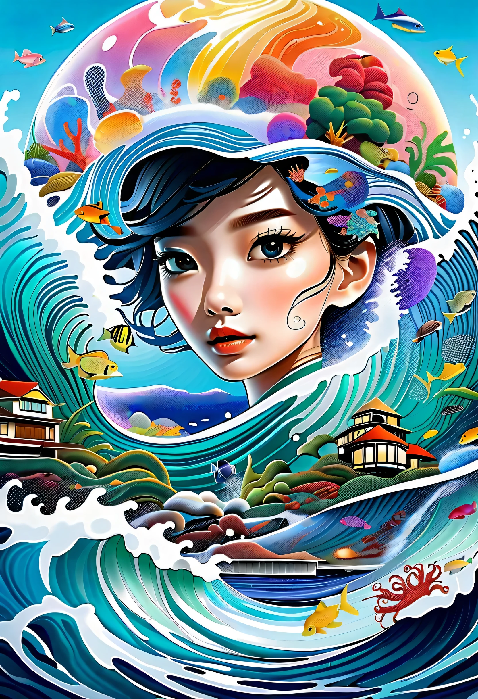 A powerful visual fusion of multiple water flow elements，Vortex tide，Home:1.4、Octopus、Starfish、sea、Wave、splash、 with a visor ， autistic spectrum disorder 々 depicting the inner world ，密集Potilism Method 、Smooth Lines、 Surreal、Strange Illustration 、Potilism Method 、 Trypophobia 、Strong contrast。、 greatest masterpiece