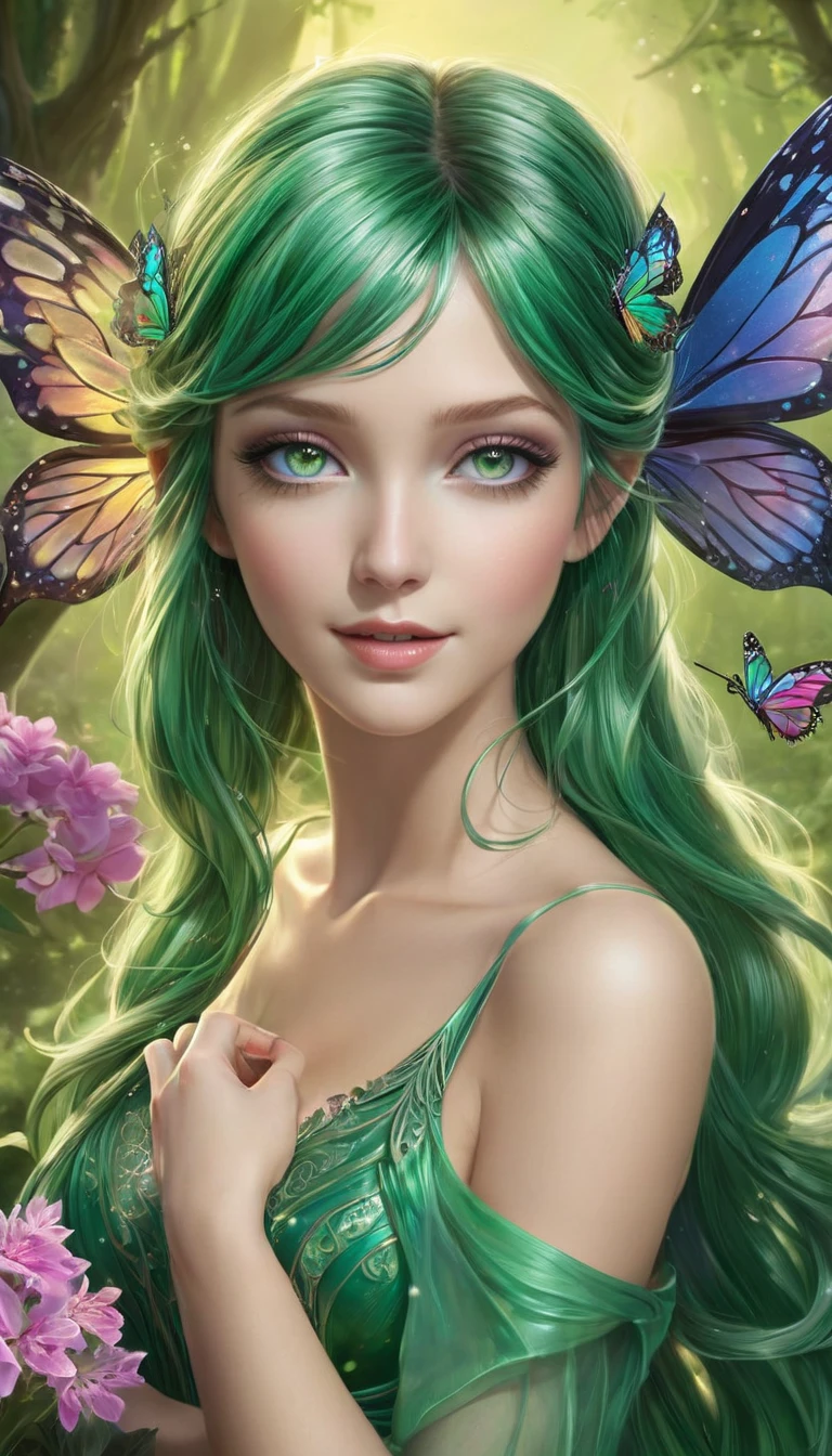 (((  surrenders ))) photograph,( super detailed face),((light))A hyper-realistic and enchanting depiction of a beautiful pixie with a human-like face that radiates charm and innocence. Her delicate wings, resembling those of a swallowtail butterfly, shimmer in seven vivid colors that ripple and shift like a living rainbow. Flowing emerald-green hair cascades down her back in silky waves, catching the light as if threaded with jewels. Her soft, expressive eyes and gentle smile give her an aura of warmth and magic. She hovers gracefully in mid-air, her vibrant, butterfly-like wings fluttering softly, framed by a mystical forest glowing with bioluminescent flowers and sparkling streams. Her petite frame is wrapped in a gossamer-like dress that complements her ethereal beauty, enhancing her otherworldly charm as she seems to embody the essence of nature's wonder