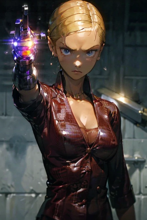  1 girl,  Hi-Res, Blonde, Chignon blue eyes, masterpiece, accurate, Best Quality,  Hi-Res,  big breasts at the temple, Contempt/Angry Gaze,  No Emotion,  simple background, Mechanical arm、Pistol、Liquid Metal、bullet mark 
クリスタナ・ローケン、ターミネーター3