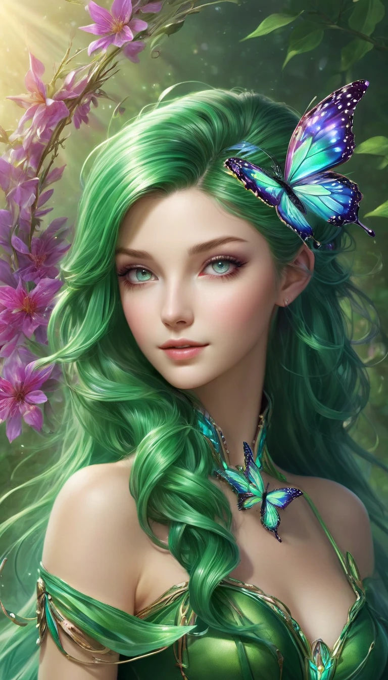 (((  surrenders ))) photograph,( super detailed face),((light)),A hyper-realistic and enchanting depiction of a beautiful pixie with a human-like face that radiates charm and innocence. Her delicate wings, resembling those of a swallowtail butterfly, shimmer in seven vivid colors that ripple and shift like a living rainbow. Flowing emerald-green hair cascades down her back in silky waves, catching the light as if threaded with jewels. Her soft, expressive eyes and gentle smile give her an aura of warmth and magic. She hovers gracefully in mid-air, her vibrant, butterfly-like wings fluttering softly, framed by a mystical forest glowing with bioluminescent flowers and sparkling streams. Her petite frame is wrapped in a gossamer-like dress that complements her ethereal beauty, enhancing her otherworldly charm as she seems to embody the essence of nature's wonder