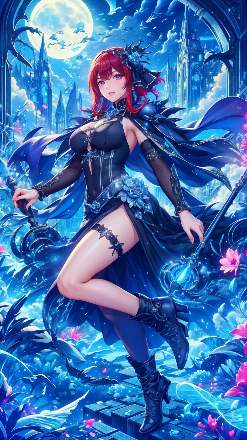 a picture of an exquisite beautiful female vampire standing under the starry night sky at the base of the waterfall, dynamic angle (ultra detailed, Masterpiece, best quality), ultra feminine, (black skin: 1.3),  dynamic hair color, wavy hair, dynamic eyes color, cold eyes, glowing eyes, intense eyes, dark red lips, wearing white dress (ultra detailed, Masterpiece, best quality), wearing blue cloak (ultra detailed, Masterpiece, best quality), long cloak, flowing cloak (ultra detailed, Masterpiece, best quality), wearing high heeled boots,  water coming down from a mountain, multi level water falls, several pools created in different levels, forming new waterfalls, water cascading into a pool steam rising, clear water in many hues of blue and azure falling, ultra best realistic, best details, best quality, 16k, [ultra detailed], masterpiece, best quality, (extremely detailed), ultra wide shot, photorealism, depth of field, hyper realistic painting, sky full of stars background, moon, bats flying about, high details, best quality, 8k, [ultra detailed], masterpiece, best quality, (ultra detailed), full body, ultra wide shot, photorealism, dark fantasy art, dark fantasy art, gothic art, many stars, dark fantasy art, gothic art, sense of dread, Intense gaze, magical sky