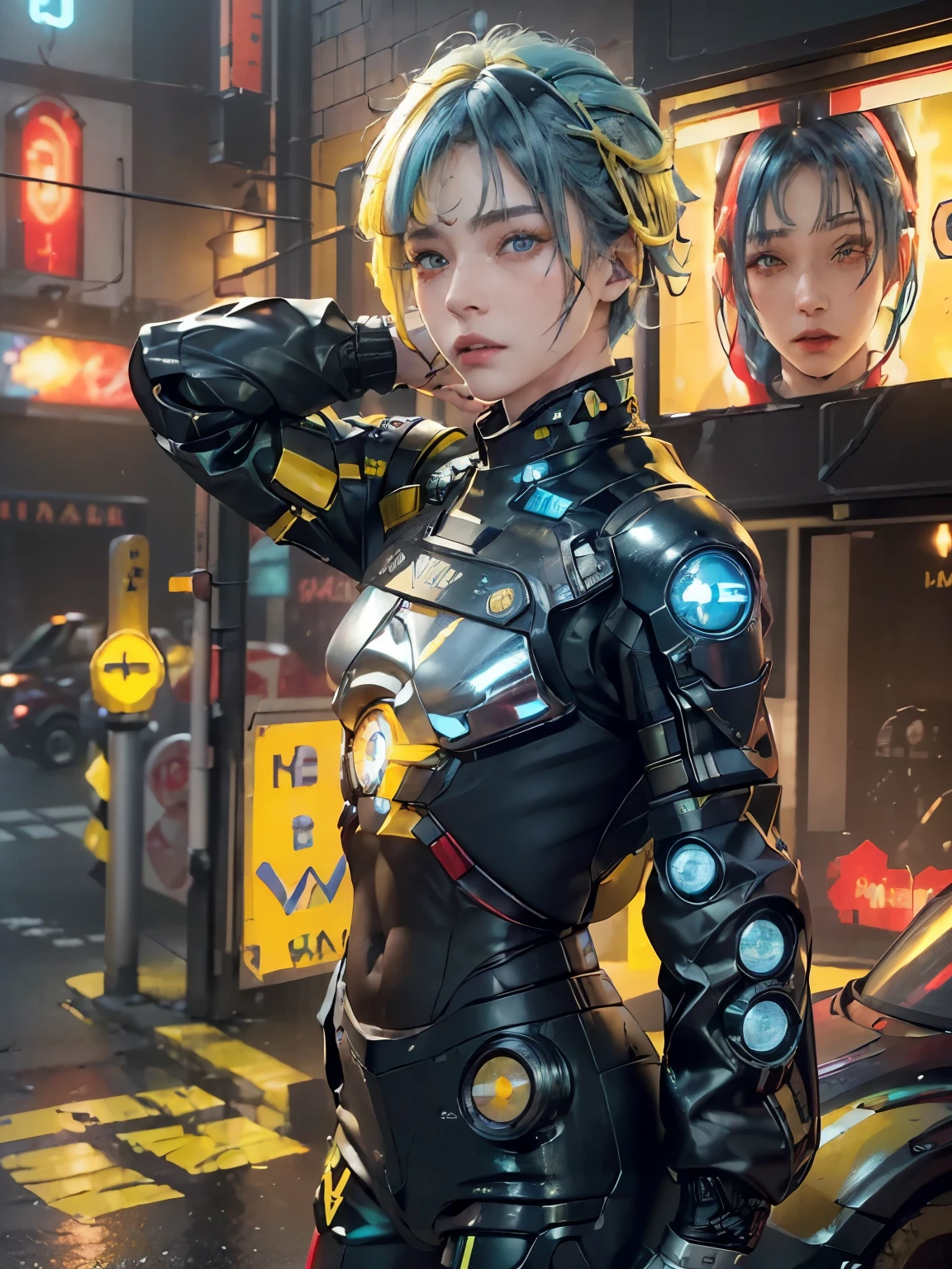 (masterpiece:1.3), (Best Cinematic Quality:1.2), (Extremely detailed settings:2), ( soft+ artistic lighting ), ( One Boy ), short blue haired, (eye+yellow+red:1.4), (multicolored eye+ heterochromia ), Wear cyberpunk-style clothes, Futuristic, technology, Cityscape (Around the robot)0.4], Producing a dramatic view.