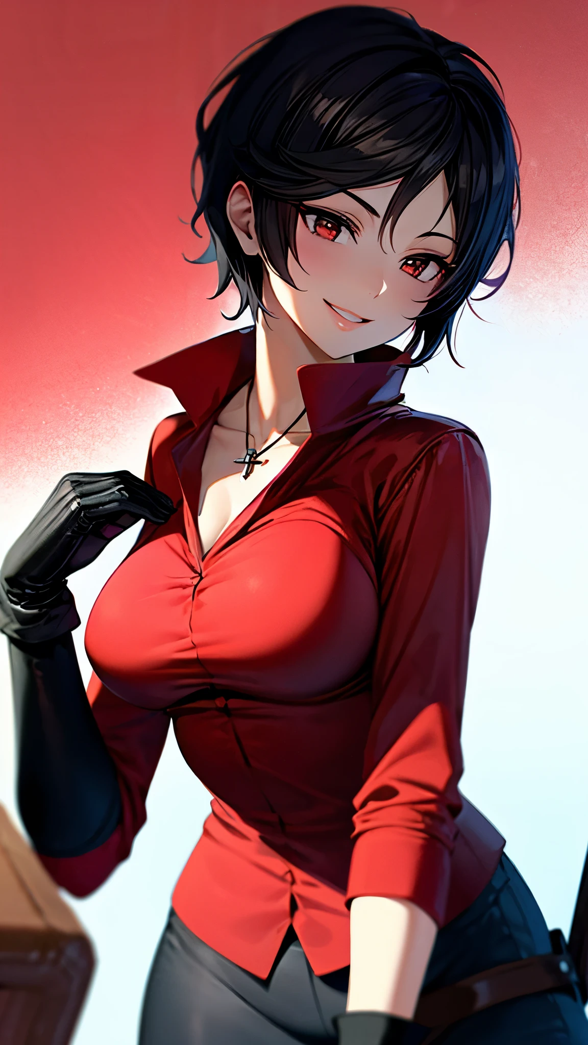 （ super quality, ultra high resolution with forest background,16k,super masterpiece,Ultra HD ,Detailed shading and background,）Photographing the upper body,Short, straight, black hair ,（A red shirt suit that has been unbuttoned, spread wide, and stood straight,Folded sleeves, black long gloves,Tight black pants, black long boots ,） cross necklace, provocative smile ,Thick lips,Night City,