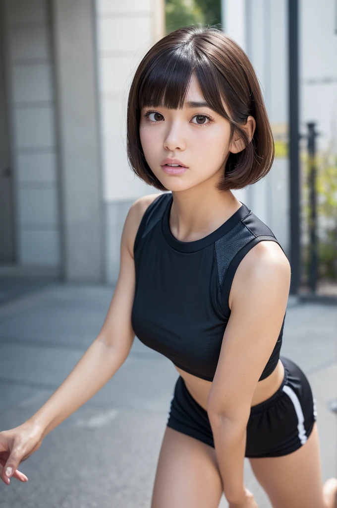 ((Highest quality、In 8K、masterpiece:1.3))、Sharp focus:1.2、Beautiful woman perfect body:1.4、Slim Abs:1.2、((Short Hair:1.2))、(trendy fashion in tokyo、T-Shirts:1.1)、Background white、Wet body:1.5、Three-dimensional texture、Detailed eyes、(Brown Hair、Black Hair:1.2)、Very shiny hair、Backward view、Hair quality improvement、Handsome short、Short-haired blonde、No text