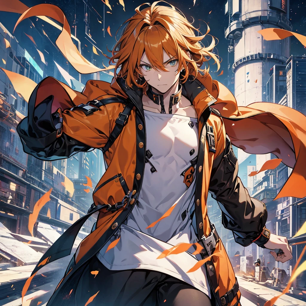 GUILTY GEAR, {{{{{Illustration of a person}}}}, {{{ orange battle coat}}}, Orange and black outfit ,  Dark Brand Hair ,  straight hair, 36k image quality ,  long bangs  , Shut your mouth., A relaxed expression, ４０Old man,  handsome, Narrow green eyes ,  Official Art、  best quality、  Unity 8k Wallpaper 、32K、masterpiece、 super detailed, Male nose, Male Eyes  , Male outline  , Fighting in the old battlefield ,  acrobatic poses,