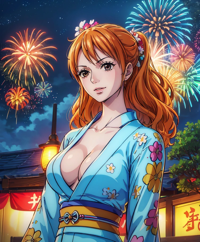 score_4, score_5, score_6, score_9, score_8_up, score_7_up, solo, hakufusdxl, long hair, antenna hair, ahoge, orange hair, aqua eyes, large breasts, magatama earrings, large breasts, kimono, cleavage, sweat, summer festival, looking at viewer, standing, sensual, lollipop, :o, night <lora:hakufu-10:1>