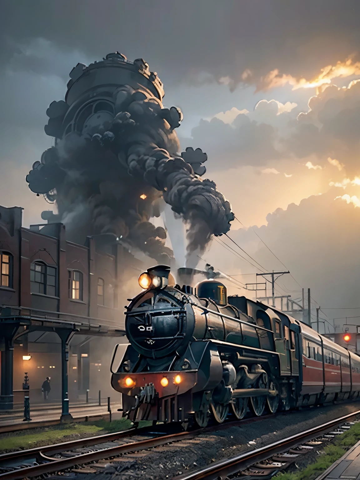 a high-detailed, ultra-realistic, photorealistic, 8k, hyperdetailed, intricate, masterpiece, cinematic, dramatic, award-winning, highly detailed, futuristic, sci-fi, surreal, fantasy, magical, ethereal, glowing, radiant, otherworldly, steampunk, time-traveling, locomotive, train, railway, tracks, rails, engine, carriages, passengers, windows, lights, steam, gears, technology, futuristic architecture, cityscape, skyline, clouds, sky, mist, fog, cinematic lighting, dramatic atmosphere, vibrant colors, warm tones