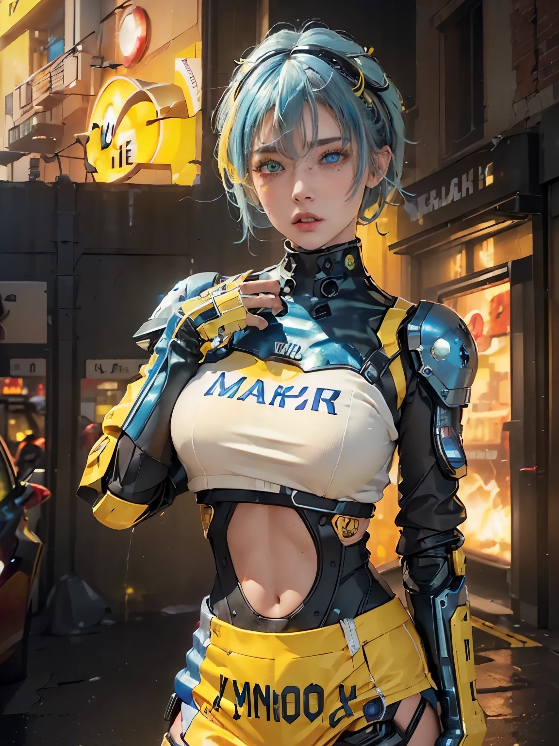 (masterpiece:1.3), (Best Cinematic Quality:1.2), (Extremely detailed settings:2), ( soft+ artistic lighting ), ( One Boy ), short blue haired, (eye+yellow+red:1.4), (multicolored eye+ heterochromia ), Wear cyberpunk-style clothes, Futuristic, technology, Cityscape (Around the robot)0.4], Producing a dramatic view.