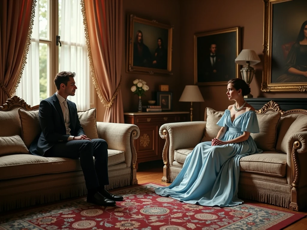 An intimate scene of King Edward VII in a private sitting room, accompanied by two women. The room is filled with luxurious Victorian decor, such as velvet chairs, intricate rugs, and ornate lamps. The king and the women are engaged in relaxed conversation, creating a sense of closeness and comfort within an opulent setting. Masterpiece, HD, UHD, Perfect and detailed eyes and face