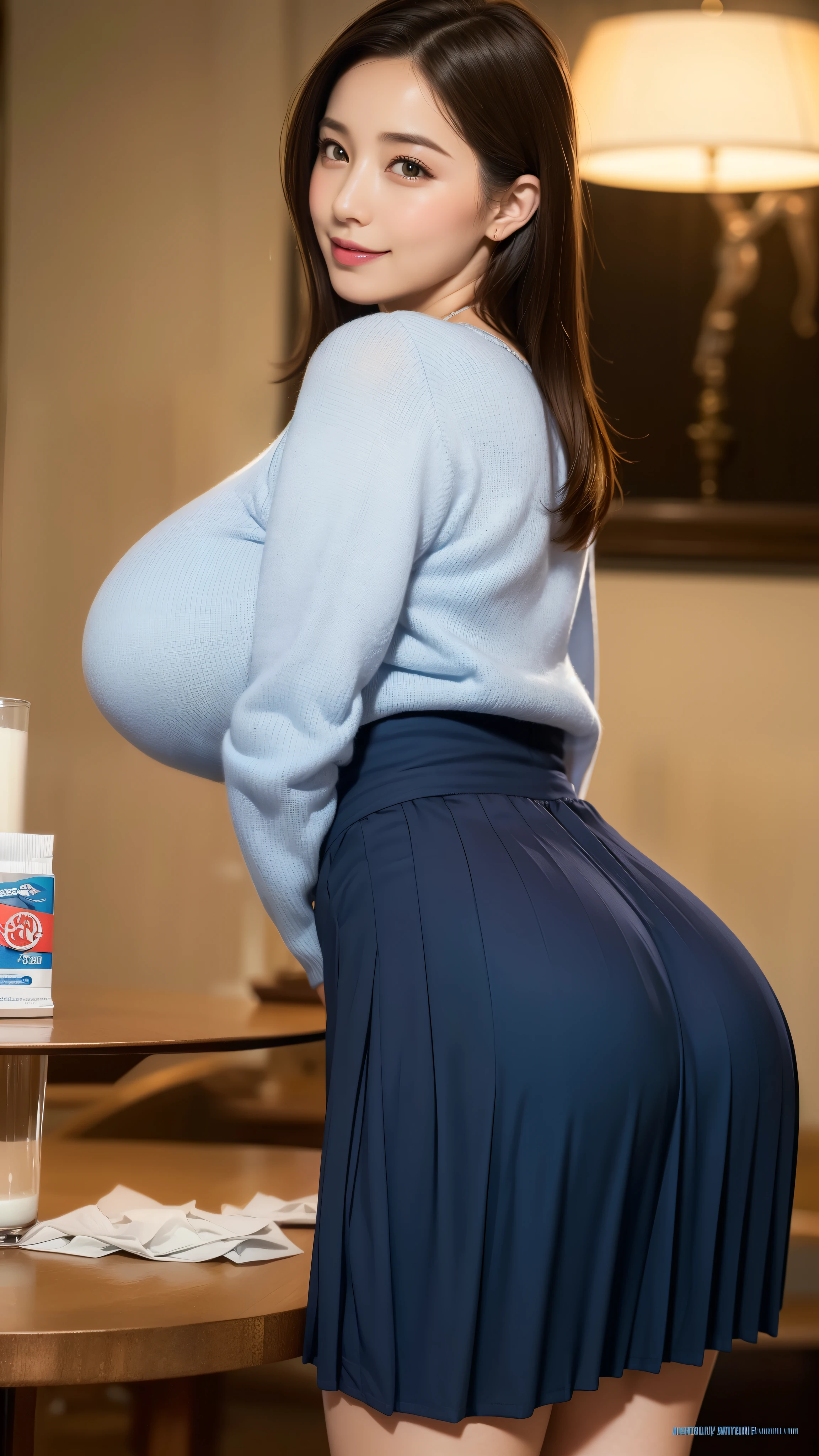 ((最high quality,8k,masterpiece:1.3)), Realistically, Sharp focus, high quality, , Japanese, Middle-aged women, Beautiful cute woman, Clothes that stand out, , Light brown hair color, Wrinkles around the eyes, ((Voluptuous figure)), light makeup, ((Large Breasts)), smile,,((dark blue high sweater)),((Tight black Floral Pleated Skirt Ruffle High Waist Summer Mini Skirt ))、squirting orgasm, ((Tabletop)), wide ass, milk gushing out from her vagina, Milk Massively gushing out from her anal gape, Milk Massively gushing out from her vagina, milk massively flowing from her anal gape and she shyfully hiding while blushing mischievously, ((Leaning forwardで))panoramic lens, hyper HD,、((A gentle smile))、((A gaze that seduces the viewer))、((Leaning forward))、((pretty housewife))、((Home living room background))、((tea time))、(((From the side)))、((Close-up)) ((Lots of colourful Condoms packets in table))