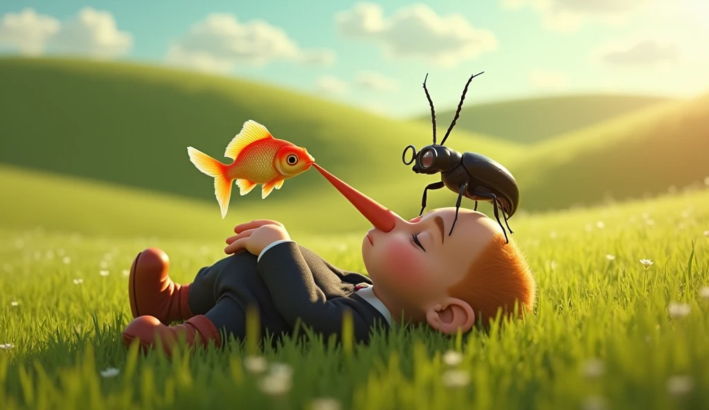 In a surreal, dreamlike setting, a large, anthropomorphic fish hovers in mid-air, its scales shimmering with subtle iridescent hues, and its large, round eyes, large eye ball, fat body, funny face, full of curiosity. The fish has vibrant orange fins that fan out gracefully, with delicate, translucent edges that catch the light. It faces a peculiar, a cartoonish boy who is dressed in a perfectly tailored black suit, laughing, complete with a crisp white shirt and a tall, slightly tilted top hat. The boy’s head is disproportionately large, exaggerated popped eyes that mirror the fish's inquisitiveness. His expression is one of intense focus, goofy as he leans precariously forward on the edge of a weathered platform, his hands clasped behind his back. Between them, a tiny, delicate insect with gossamer wings hovers, seemingly frozen in the moment. The background is an ethereal, muted blend of soft grays, beiges, and blues, with faint, abstract textures that enhance the otherworldly atmosphere of the scene. A single, fragile flower grows from a crack in the platform, adding a touch of whimsy to the already fantastical environment