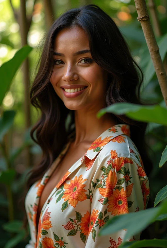 A Brazilian woman in a lush tropical garden, wearing an open shirt with a floral print, with a close-up capturing the harmonious beauty between her breasts and the natural flowers, showing off your natural charm and outgoing personality.