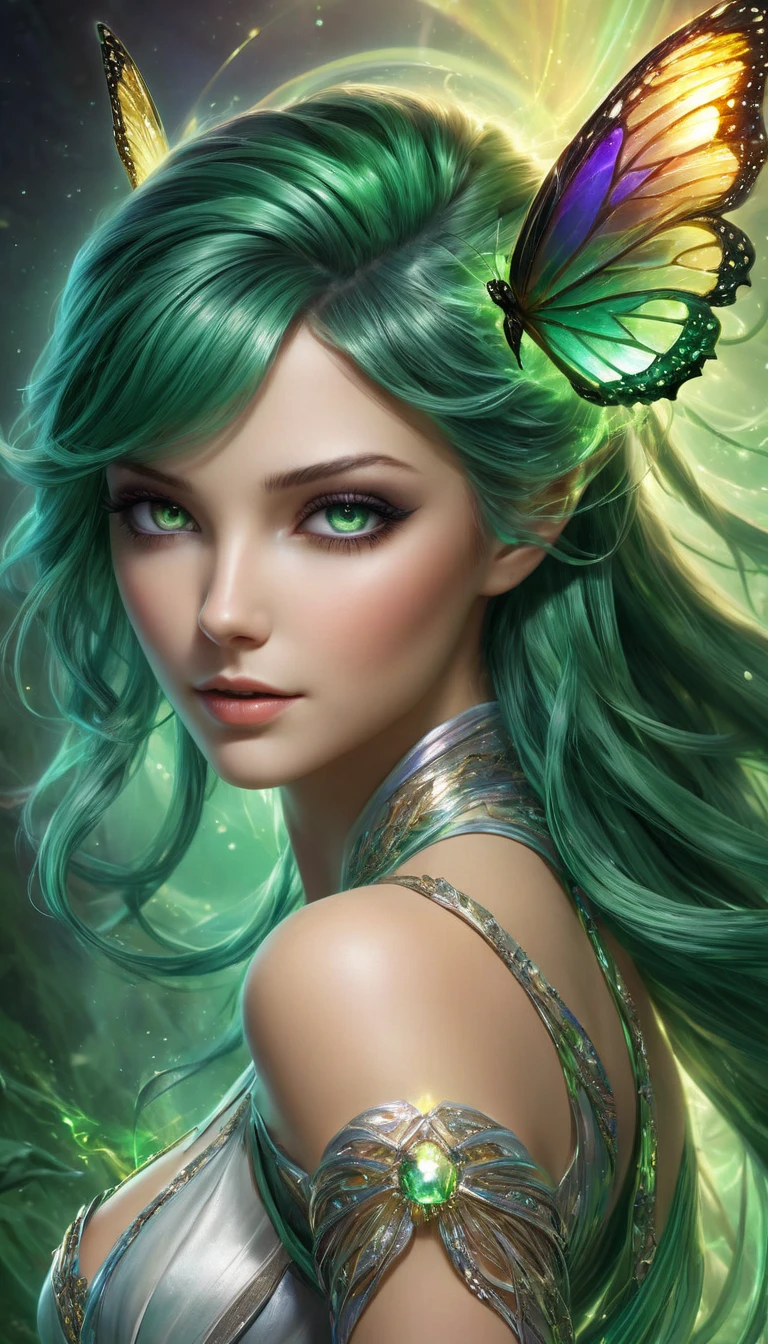 (((  surrenders ))) photograph,( super detailed face),((light))A hyper-realistic and enchanting depiction of a beautiful pixie with a human-like face that radiates both charm and fierce determination. Her delicate wings, resembling those of a swallowtail butterfly, shimmer in seven vivid colors that ripple and shift like a living rainbow. Flowing emerald-green hair cascades down her back in silky waves, catching the light as if threaded with jewels. Her soft, expressive eyes now blaze with intensity, and her gentle smile transforms into a determined expression as she exudes an aura of commanding power. A radiant rainbow aura envelops her entire body, glowing brilliantly and pulsing with magical energy. She hovers mid-air, her vibrant, butterfly-like wings beating powerfully as streams of light and magical sparks swirl around her. The mystical forest behind her glows brighter, amplifying her imposing presence as she raises her hands, casting a spell to intimidate and ward off intruders, her ethereal beauty now an awe-inspiring display of power and might