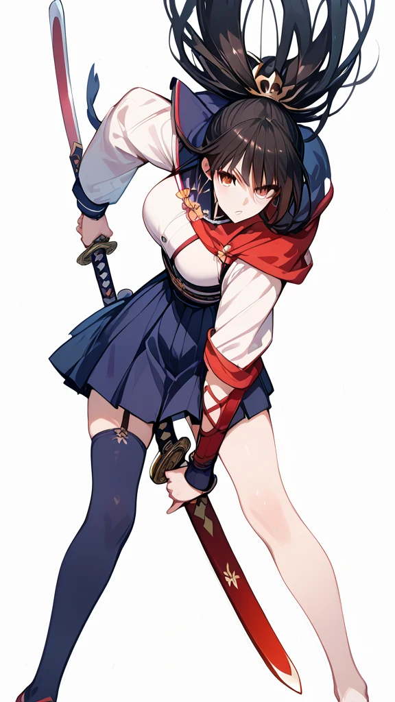 Wear a skirt、Woman with a sword, Draw the sword, She has a sword,  full body commission of two swords , Arab woman in uniform holding a sword ,  inspired by Seikage Kusumi , rumiko, Dramatic sword swing pose , katana,  female action anime girl , Great Sword