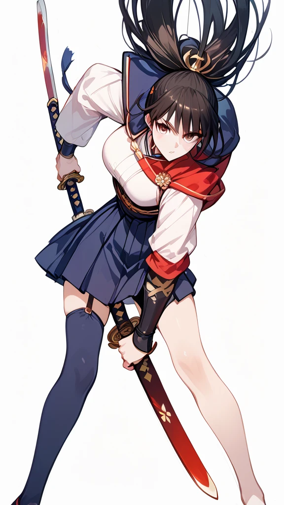 Wear a skirt、Woman with a sword, Draw the sword, She has a sword,  full body commission of two swords , Arab woman in uniform holding a sword ,  inspired by Seikage Kusumi , rumiko, Dramatic sword swing pose , katana,  female action anime girl , Great Sword