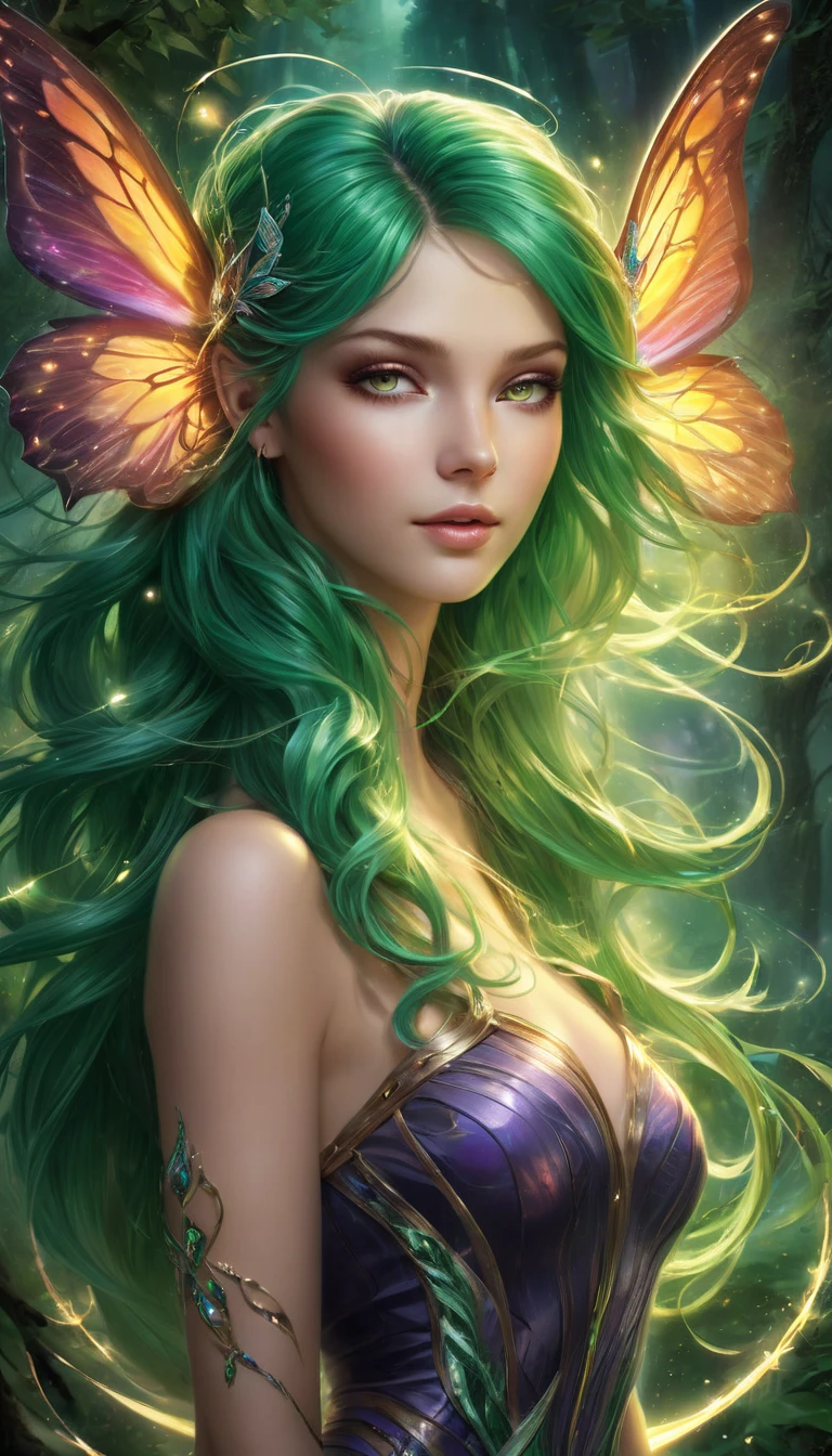 (((  surrenders ))) photograph,( super detailed face),((light)),A hyper-realistic and enchanting depiction of a beautiful pixie with a human-like face that radiates both charm and fierce determination. Her delicate wings, resembling those of a swallowtail butterfly, shimmer in seven vivid colors that ripple and shift like a living rainbow. Flowing emerald-green hair cascades down her back in silky waves, catching the light as if threaded with jewels. Her soft, expressive eyes now blaze with intensity, and her gentle smile transforms into a determined expression as she exudes an aura of commanding power. A radiant rainbow aura envelops her entire body, glowing brilliantly and pulsing with magical energy. She hovers mid-air, her vibrant, butterfly-like wings beating powerfully as streams of light and magical sparks swirl around her. The mystical forest behind her glows brighter, amplifying her imposing presence as she raises her hands, casting a spell to intimidate and ward off intruders, her ethereal beauty now an awe-inspiring display of power and might