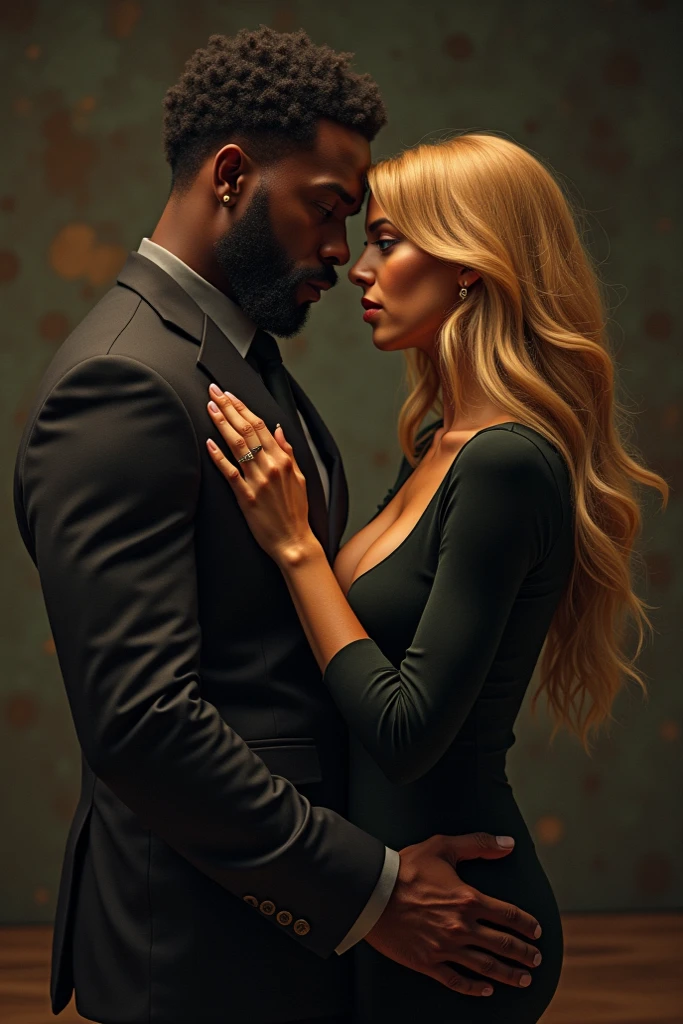 Create a wedding photo of A black african male and a blonde girl. Interracial couple. Slim face of girl.not so smooth so that looks like real photo