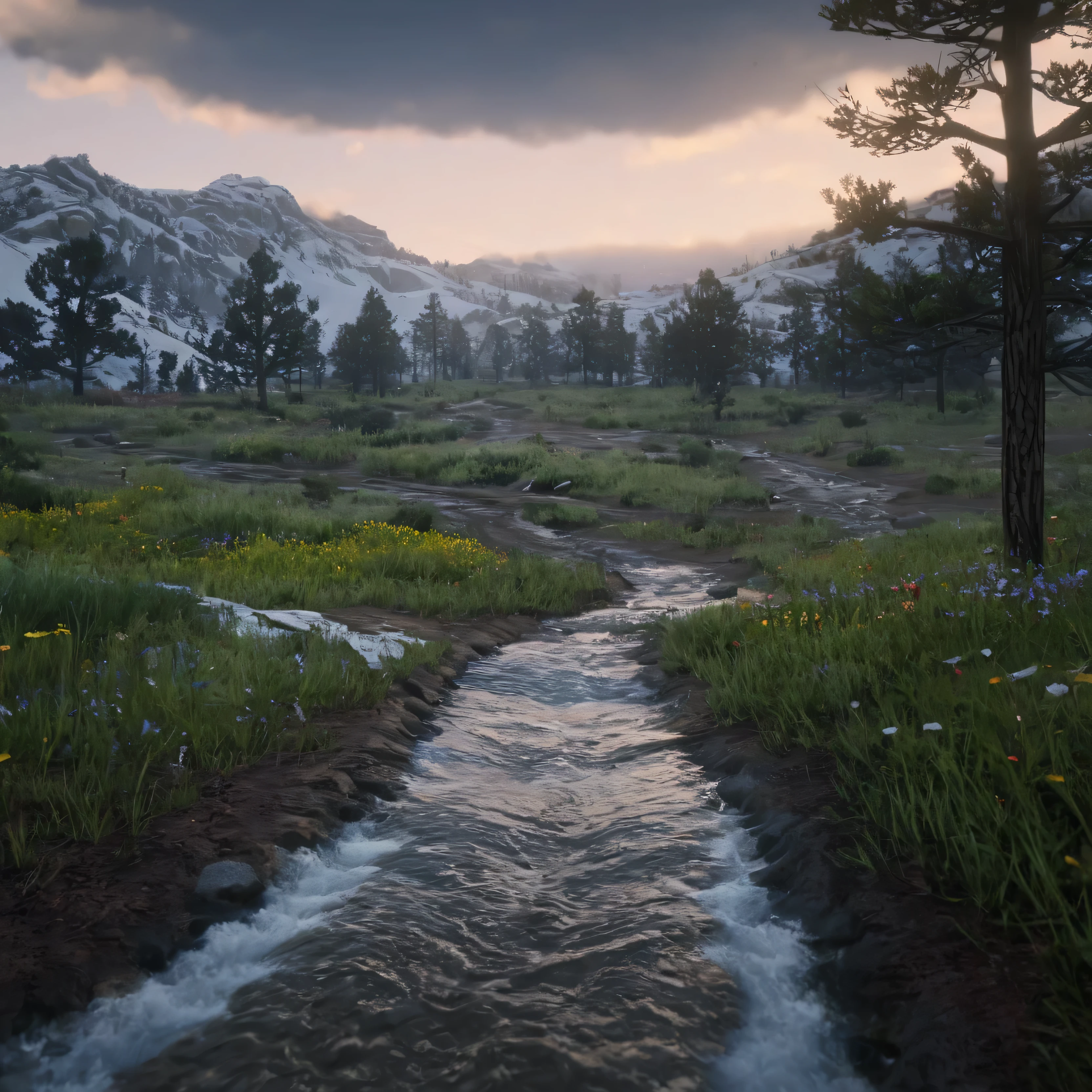 cinematic film still of cinematic no people,   Close up of a waterful, moutain in back ground with snow ,pathway ,wildflowers , outdoors,sky,cloud,tree,grass,ground,wildflowers, epic, Western, adventures, outlaw, Red Dead, Western United States, wild west,  Open world, 1900's, realistic, cinematic, film look, dramatic light, partially covered in shadows, gang, Western-themed action-adventure, Red Dead Redemption style, shallow depth of field, vignette, highly detailed, high budget, bokeh, cinemascope, moody, epic, gorgeous, film grain, grainy