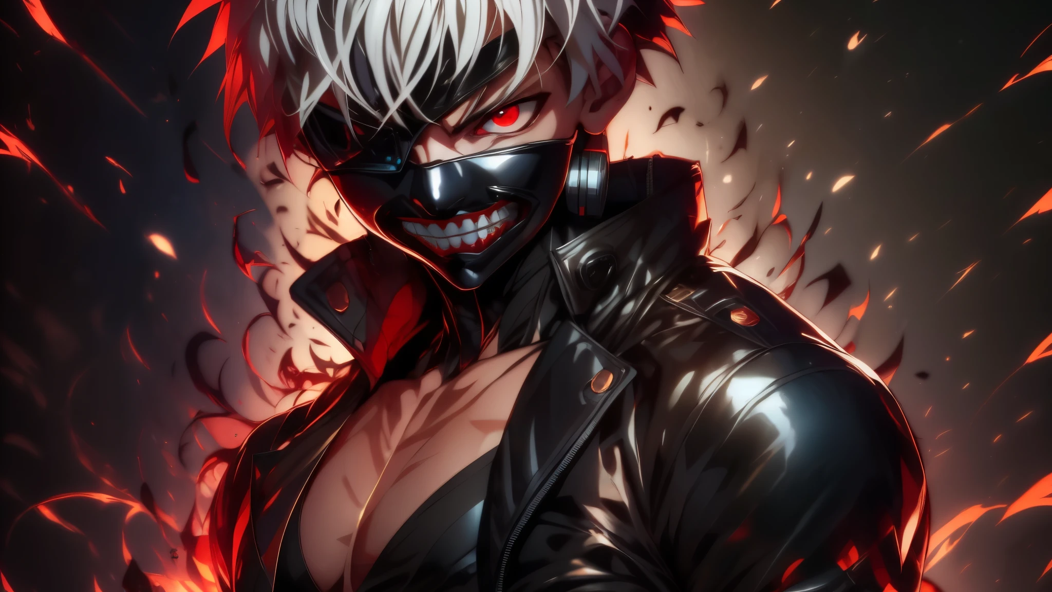 "cool 20 year old kaneki ken is a true masterpiece with masculine beauty, perfect anatomy. Olpntng style, colorful rainbow, wearing a black leather jacket, mask revealing a very menacing smile , clean design, epic Instagram, artstation, full of paint splashes, circles, outlines When you look at his beautiful Eyes you will clearly see every little detail and perfect line, every detail The details on the skin are beautiful in 8K quality. Be fascinated by the confidence radiating from every look. His head has white hair and his face is drawn meticulously in every detail in 8K image quality."