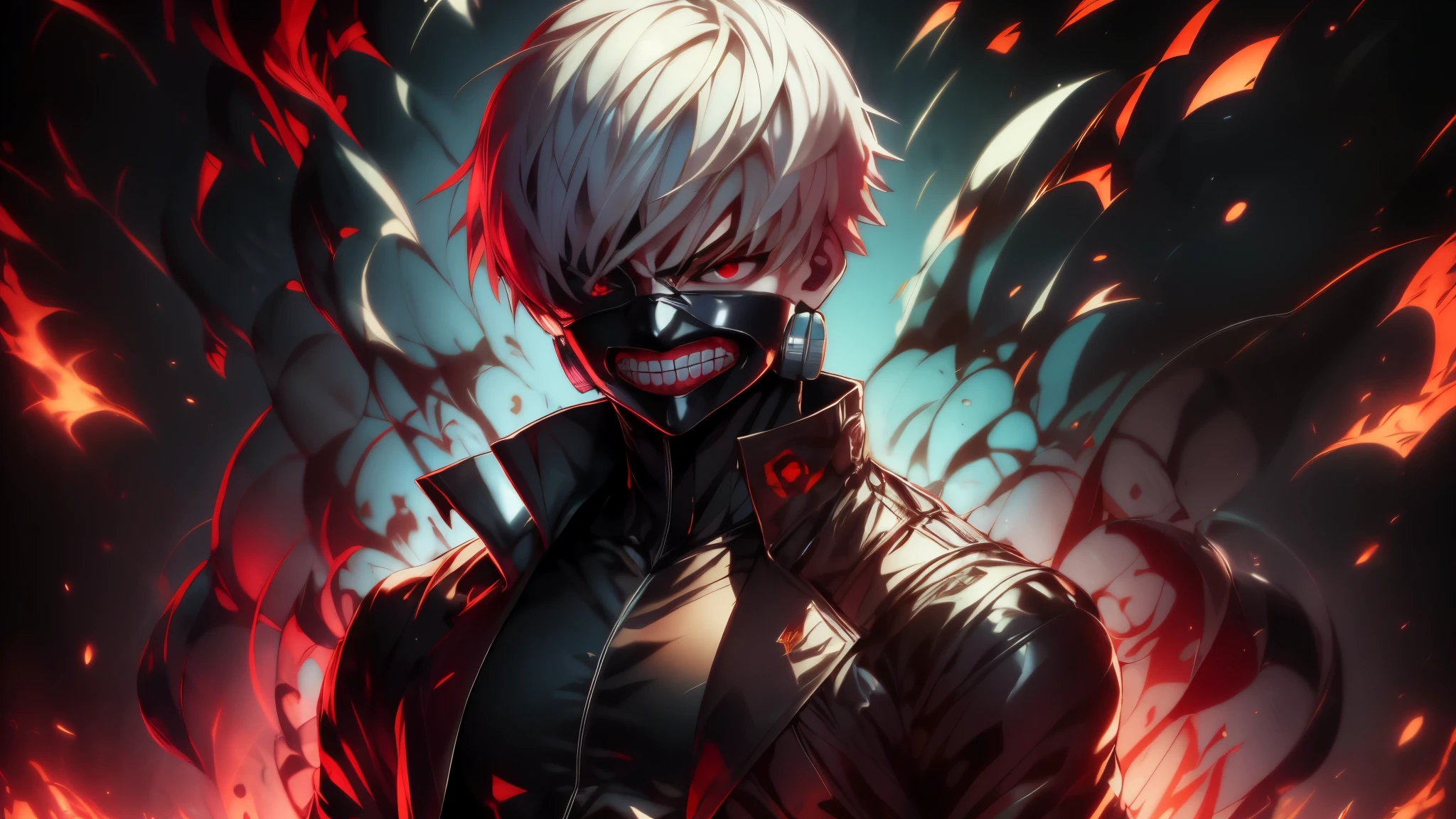 "cool 20 year old kaneki ken is a true masterpiece with masculine beauty, perfect anatomy. Olpntng style, colorful rainbow, wearing a black leather jacket, mask revealing a very menacing smile , clean design, epic Instagram, artstation, full of paint splashes, circles, outlines When you look at his beautiful Eyes you will clearly see every little detail and perfect line, every detail The details on the skin are beautiful in 8K quality. Be fascinated by the confidence radiating from every look. His head has white hair and his face is drawn meticulously in every detail in 8K image quality."