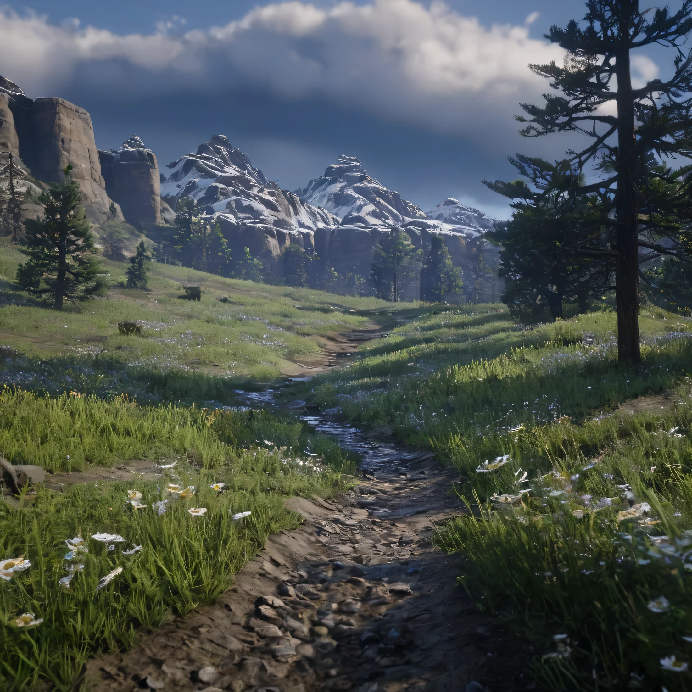 cinematic film still of cinematic no people,   Close up of a waterful, moutain in back ground with snow ,pathway ,wildflowers , outdoors,sky,cloud,tree,grass,ground,wildflowers, epic, Western, adventures, outlaw, Red Dead, Western United States, wild west,  Open world, 1900's, realistic, cinematic, film look, dramatic light, partially covered in shadows, gang, Western-themed action-adventure, Red Dead Redemption style, shallow depth of field, vignette, highly detailed, high budget, bokeh, cinemascope, moody, epic, gorgeous, film grain, grainy