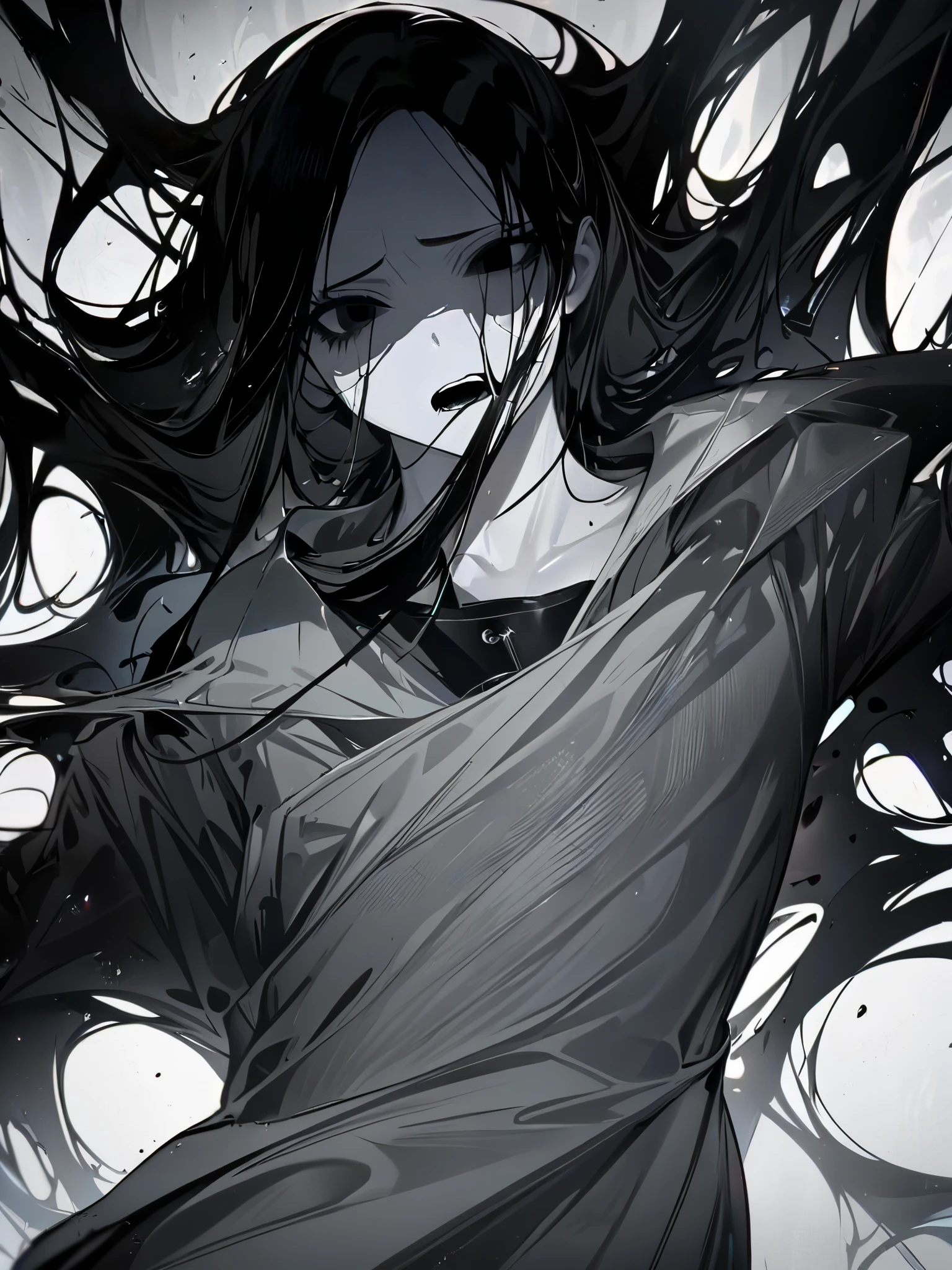  simple background, monochrome, horror (theme) there is a broken picture, black paint splatted, red blood splatted, smoked, red blood  (((anime girl character))), long white hair 