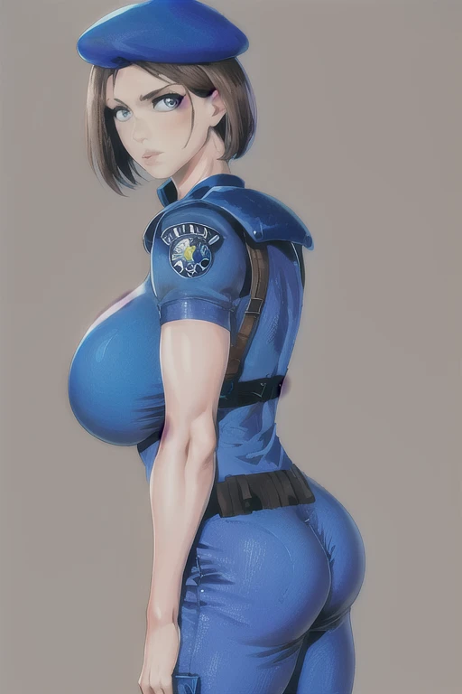   Jill Valentine, masterpiece,   best quality,   1 girl , Alone,   standing, , beret, uniform,  Shoulder pads , Short sleeve, Harness, belt, pants,   immovable pattern  ,  big ,  big butt , She's showing her side,  foot,  big butt , Neckline,  big  