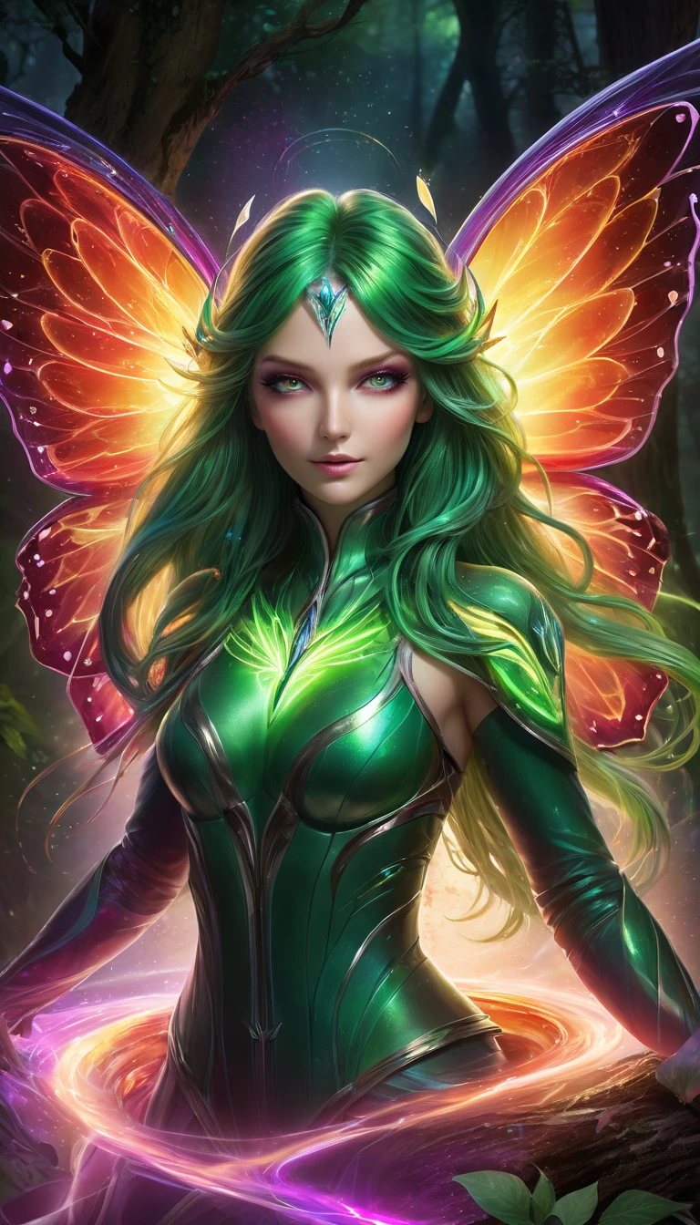 (((  surrenders ))) photograph,( super detailed face),((light)),A hyper-realistic and awe-inspiring depiction of a beautiful pixie with a human-like face that exudes both otherworldly charm and formidable power. Her delicate wings, resembling those of a swallowtail butterfly, shimmer in seven vivid colors that ripple and shift like a living rainbow. Her flowing hair, once emerald green, now glows in radiant rainbow hues, each strand shimmering and changing colors as it cascades down her back in silky waves. Her expressive eyes now glow an intense, fiery red, radiating both beauty and an ominous warning. A brilliant rainbow aura envelops her entire body, pulsing and shimmering with raw magical energy. She hovers mid-air, her vibrant, butterfly-like wings beating powerfully as streams of multicolored light and magical sparks swirl around her. The mystical forest behind her glows brighter, amplifying her commanding presence as she raises her hands, channeling an awe-inspiring spell to intimidate and protect, her dazzling appearance now an overwhelming display of elemental power