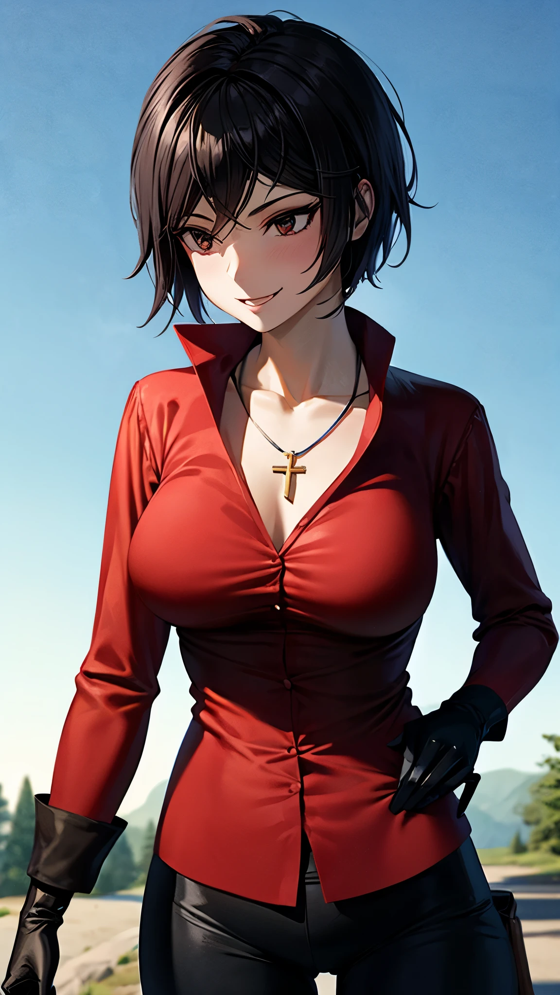 （ super quality, ultra high resolution with forest background,16k,super masterpiece,Ultra HD ,Detailed shading and background,）Photographing the upper body,Short, straight, black hair ,（A red shirt suit that has been unbuttoned, spread wide, and stood straight,Folded sleeves, black long gloves,Tight black pants, black long boots ,） cross necklace, provocative smile ,Thick lips,Night City,