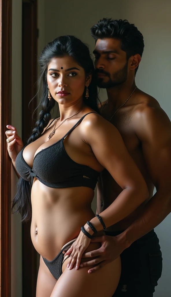 Create a realistic picture of Indian sister-in-law who is having sex with a man, the boy is holding the sister-in-law in a tight hug