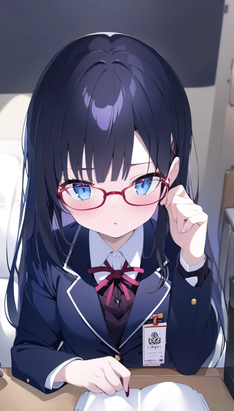 NSFW uncensored partial ban super high image quality, one girl, school blazer, uniform, chairman, purplish black hair, long hair, blue eyes, beautiful baby face, red slender, small square glasses, shiny skin, oneshota hand job