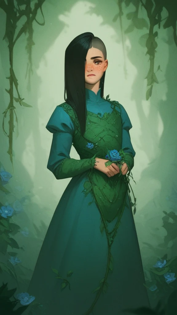 androgynous, 1girl, twink, black hair ((long cut)), fair skin ((freckles)), brown eyes, artificer, medieval fantasy, Expressiveh, wearing a vibrant medieval dress, standing in a dark forest, with blue vines and leaves