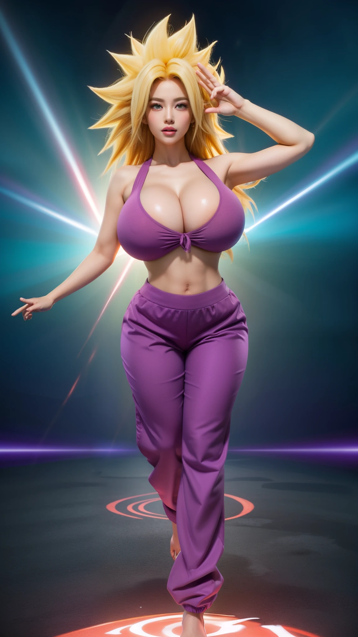 cauliflassj, 1 , Alone,  aqua eyes ,  blond hair ,  tight hair , Big hair, Super Saiyajin, Athletic body thick thighs big breasts pink top purple pants big breasts 
 With an aura of energy around the body and rays, a super Sayajin pose 