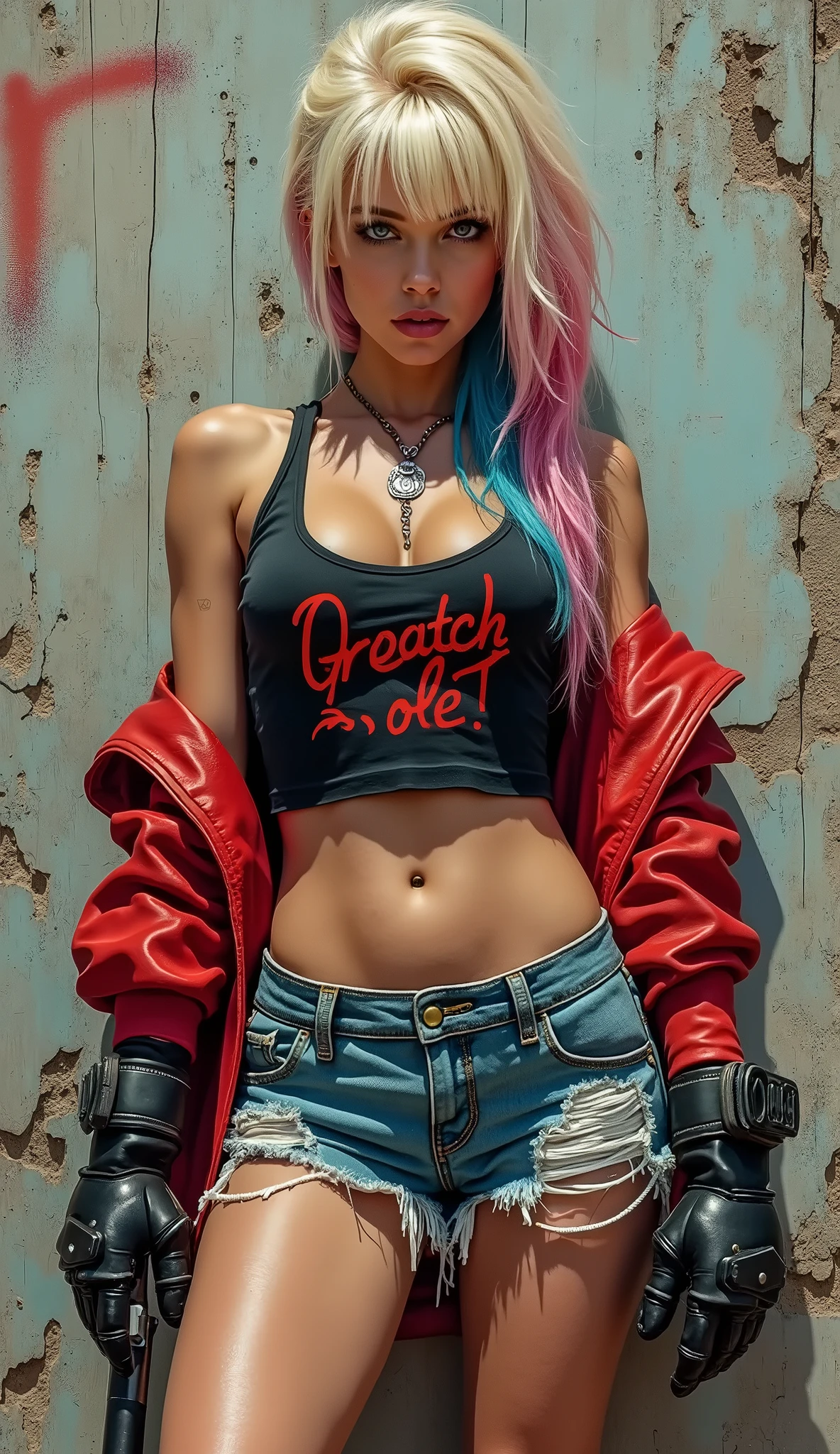   painting of a woman with a hammer and a red jacket ,  ripped denim shorts with brown leather belt and buckle ,  resting on a peeling and unpainted wall ,  bleached blonde hair with blue and pink , black top with letters in red ,  mechanical gloves cyberpunk art by Lambert Doomer  ,  trend in artstation , street art, grunge ciberpunk, cyberpunk art style,  cyberpunk angry gorgeous goddess , cyberpunk girl, Cyberpunk 20 years. o model girl,  cyberpunk style ，  hyperrealistic, Cyberpunk themed art,   James Gurney painting style  , Cyberpunk streetwear