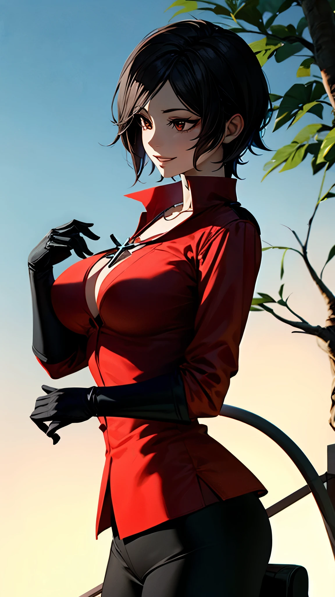 （ super quality, ultra high resolution with forest background,16k,super masterpiece,Ultra HD ,Detailed shading and background,）Photographing the upper body,Short, straight, black hair ,（A red shirt suit that has been unbuttoned, spread wide, and stood straight,Folded sleeves, black long gloves,Tight black pants, black long boots ,） cross necklace, provocative smile ,Thick lips,Rooftop at night,