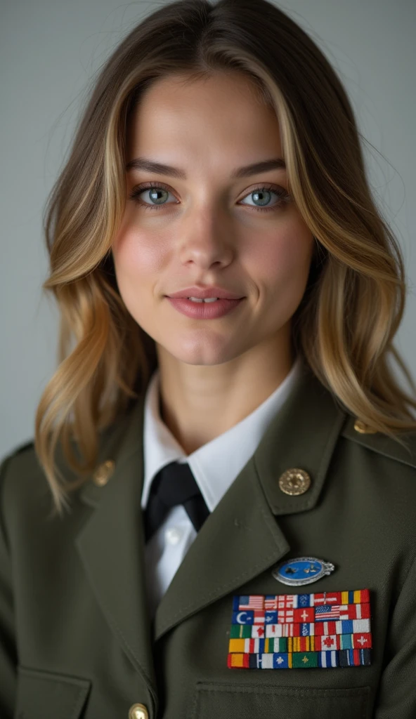 <lora:seema_shah:0.49> masterpiece, 1girl, soldier, army uniform, medals, badge, looking at viewer, close-up, portrait, beautiful face, solo, realistic, long brown hair, pink pouty lips, portrait, greenish brown eyes, perfect eyes, high resolution, ultra detailed, outdoors, soft lighting, perfect hair, soft shadows, closed mouth, best quality