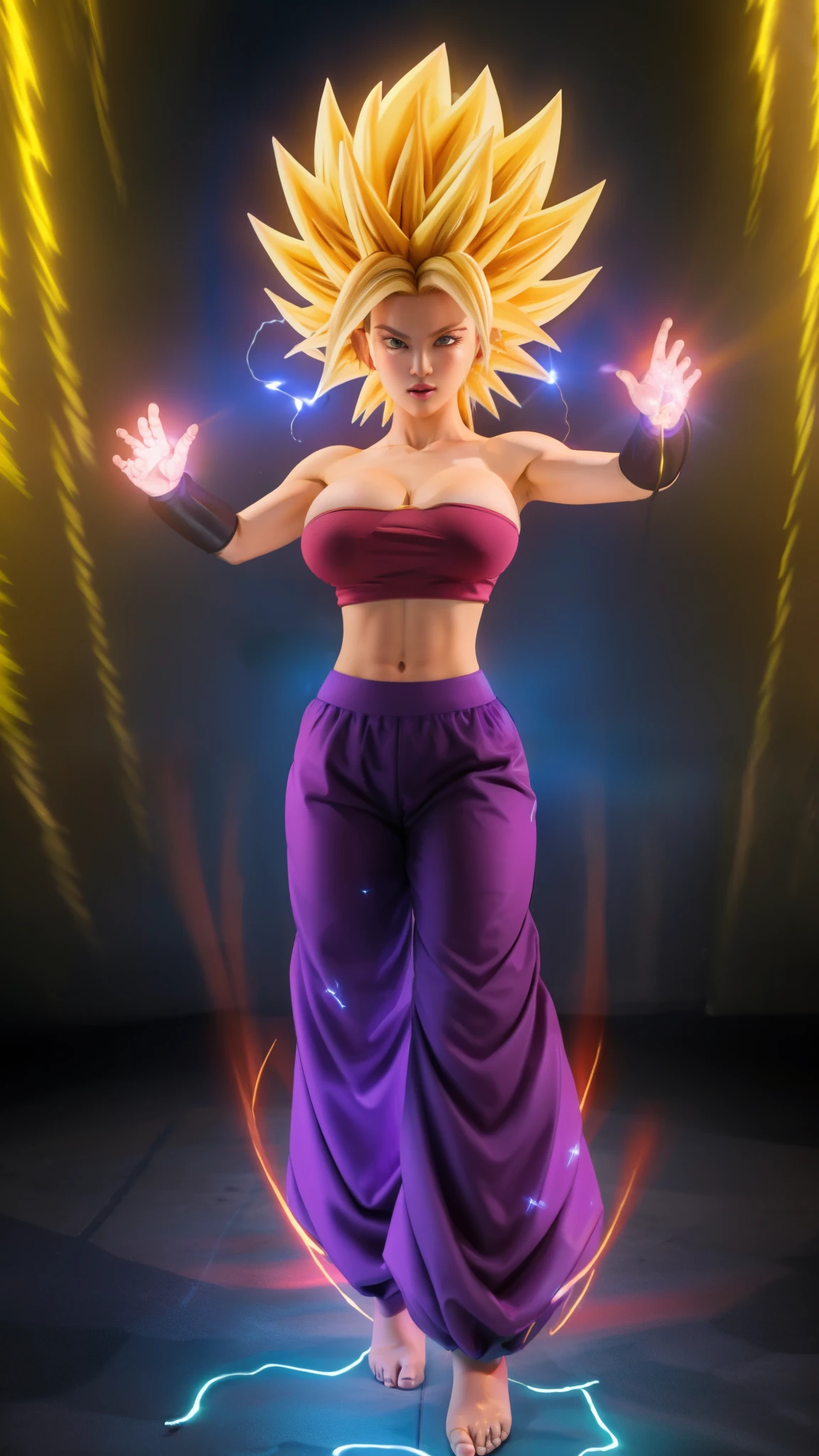 cauliflassj, 1 , Alone,  aqua eyes ,  blond hair ,  tight hair , Big hair, Super Saiyajin, Athletic body thick thighs big breasts pink top purple pants big breasts 
 With an aura of energy around the body and rays, a super Sayajin pose 